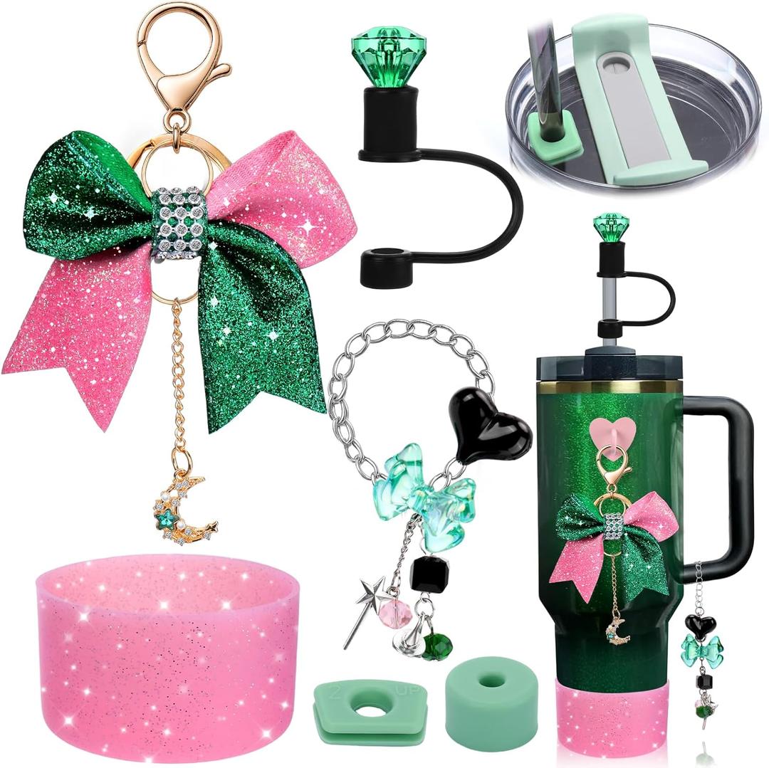 AIERSA Pink And Green Cup Accessories Set for Stanley,Included Bow Charm,Handle Charm,Silicone Boot,Diamond Straw Cover,Stopper Spill,Movie Theme Merch Cup Decorations for Gifts