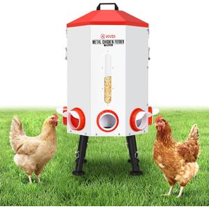 70lbs - 80lbs Large Automatic Chicken Feeder, Adjustable Stand, 8 Feeding Ports, Viewing Window, Sloped Roof Rain Protection Design
