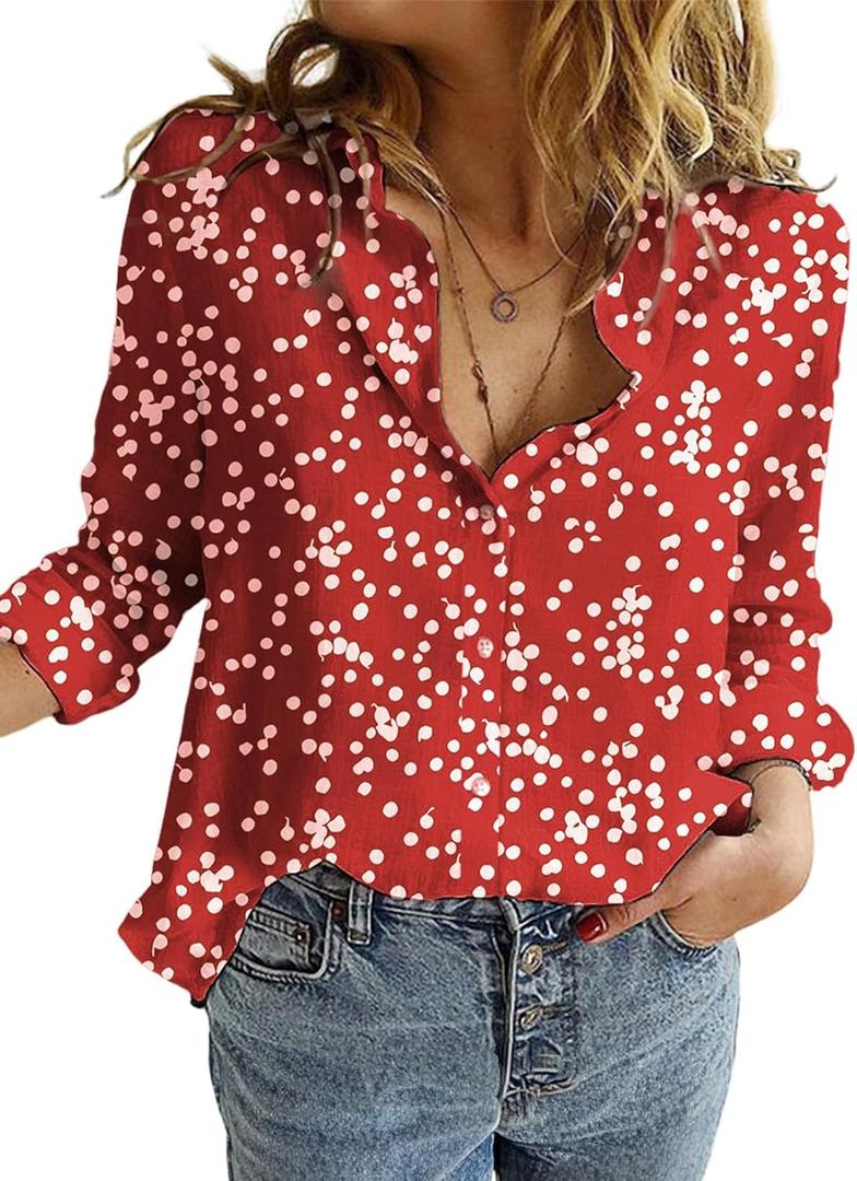 2 x Dokotoo Women's Casual V Neck Alicia Floral Print Roll Up Long Sleeve Chiffon Button Down Blouses Bohemian Top Shirts