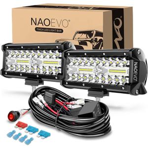 NAOEVO 7 Inch LED Light Bar, 240W 24,000LM Offroad Fog/Driving Lights LED Pods with 2 Leads Wiring Harness Kit, Spot Flood Combo Beam, Work for Truck Boat UTV ATV, 2-Pack (White)