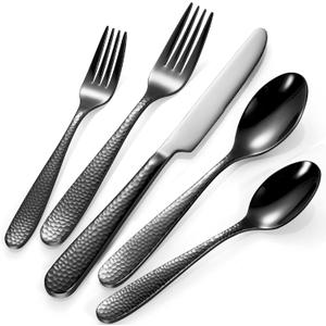 40-Piece Black Silverware Set, Heavy-Duty 18/0 Stainless Steel Black Hammered Flatware Set for 8, Luxury Cutlery Set for Home Restaurant, Dishwasher Safe