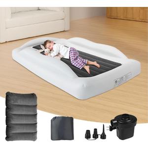 Inflatable Toddler Travel Bed - 61 Inches With Pillow Portable Toddler Bed for Travel with Safety Sides - Cozy Kids Air Mattress Set with Built-in Electric Pump & Carry Case- Easy to Inflate - Grey