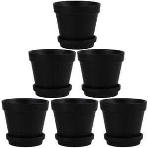 Fcacti 5.5 Inch Black Clay Pot for Plant with Saucer - 6 Pack Large Terra Cotta Plant Pot with Drainage Hole, Flower Pot with Tray, Terracotta Pot for Indoor Outdoor Plant