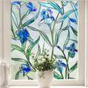 Stained Glass Window Privacy Film, 3D Decorative Window Cling, UV & Heat Blocking Floral Windows Cover, Static Cling No Adhesive Reusable Design for Home, Blue, 23.6" x 78.7"