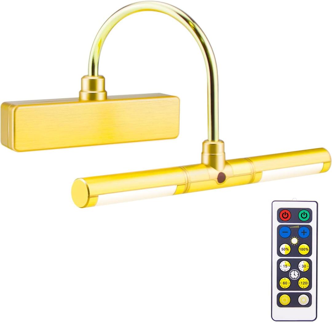 BIGLIGHT Wireless Battery Operated LED Picture Light with Remote, Rotatable Light Heads of 3 Lighting Modes, Dimmable Display Lamp with Timer for Painting Photo Portrait Art, 8.8", Gold (Copper)