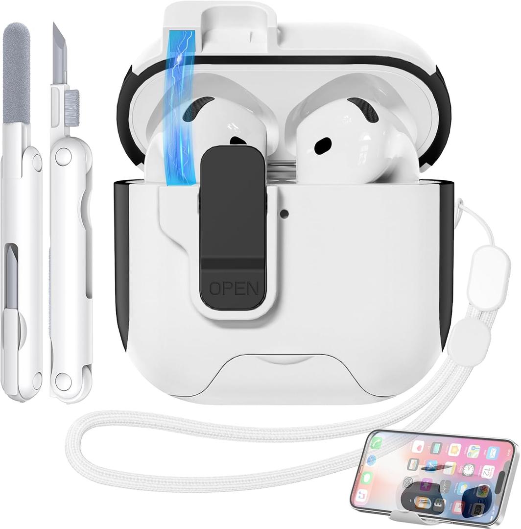 for AirPods 4 CaseBuilt in Phone Stand Secure Lock Case Compatible with Apple Airpods 4th Generation 2024, Drop-Proof Hard Case Cover with Cleaner and Keychain for Women Girly (Black+White)
