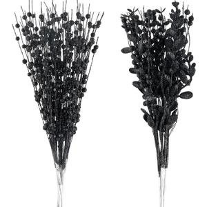 CristBest 24-Pack Christmas Tree Picks Ornaments, Artificial Glitter Berry Stem Glittery Twigs Ornaments for Christmas Tree Decorations, Small Vase, Holiday, Wedding, Party Decorations (Black)