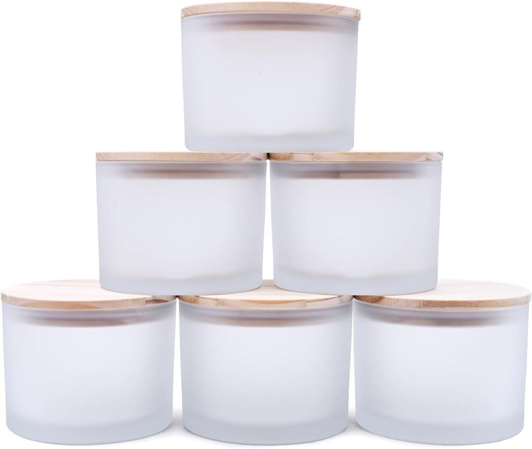SHOWIN 18 OZ Thick Candle Jars for Making Candles 6 Pcs, Empty Jars with Wood Lids for Candle Making, Sample Container,Frosted White