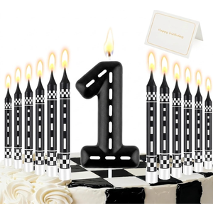 Racing Car Birthday Number Candle with Card, 2.4 inch Cake Topper for Race Car Party Decoration, White Black Checkered Number Candles for Racing-Themed Celebrations Supplies(Black, Number 1)