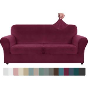 ZNSAYOTX Oversized Velvet 3 Piece Couch Cover with 2 Extra Large Seat Cushion Covers Stretch Sofa Cover for 2 Cushion Couch Soft Loveseat Sofa Slipcover for Living Room (Wine Red), 72"-92"(2 CUSHIONS)