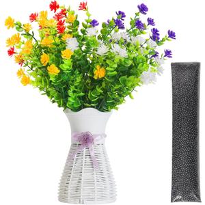 4PCS Faux Flowers (Red/Yellow/White/Purple) No Fade Artificial Shrubs Fake Plants Greenery, Plastic Woven Rattan Vase and Odor Absorber Beads Set for Home Decor Air Purifying