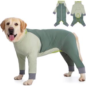 Dog Onesie Coat - Water-Repellent & Stretchable, Dirt-Resistant Outdoor Puppy Suit with Reflective Strips | Controls Shedding | for Small, Medium, Large Dogs (Olive Green, 3XL(Weight 33-53 lbs))