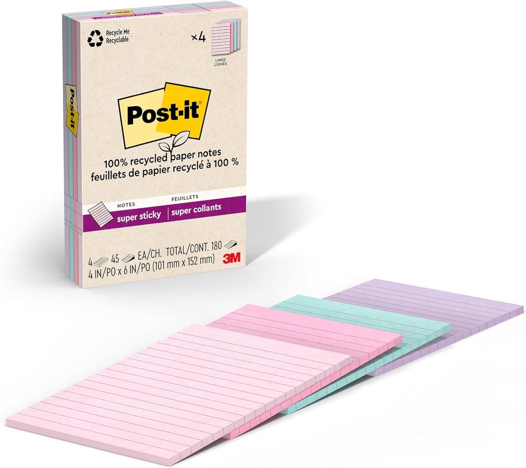 Post-it 100% Recycled Paper Super Sticky Notes, Lined, 4 in. x 6 in., 4 Pads, 45 Sheets per Pad, Wanderlust Pastels, School Supplies and Office Products