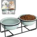 Ceramic Elevated Dog Bowl Set - Double Dog Food and Water Bowls with Metal Stand - Raised Pet Dishes for Puppies and Cats - 1 Cup - 13.5 fl oz - Green