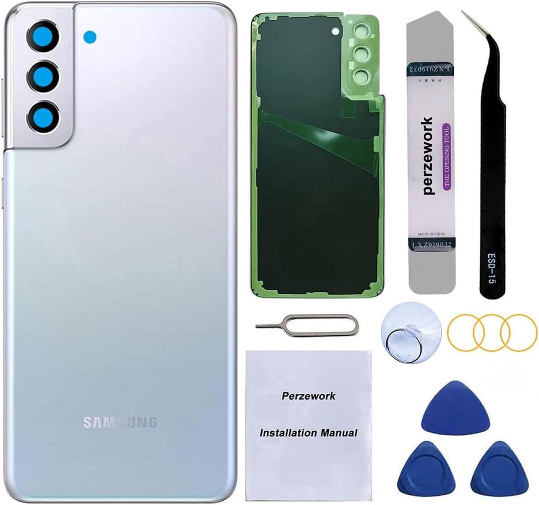Rear Back Glass Replacement Compatible with Samsung Galaxy S21+ Plus 6.7-inches with Reparing Toolkit and Pre-Installed Adhesive (Phantom Silver)