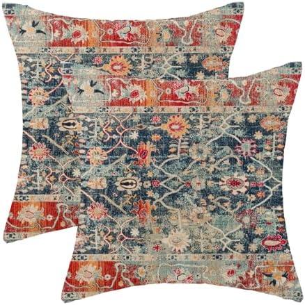 Boho Pillow Covers 18x18 Set of 2, Carpet Rug Design Decorative Navy Blue Red Boho Throw Pillows Linen Farmhouse Bohemian Cushion Pillow Covers for Sofa Couch Outdoor Decor