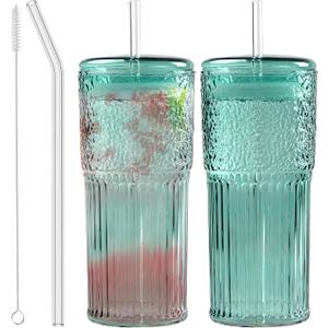 Glass Coffee Cups with Lids and Straws, 20 OZ Green Iced Water Glasses Tumblers for Ice Juice, Tea, Milk, Smoothie and Cold or Hot Drinks, Set of 2