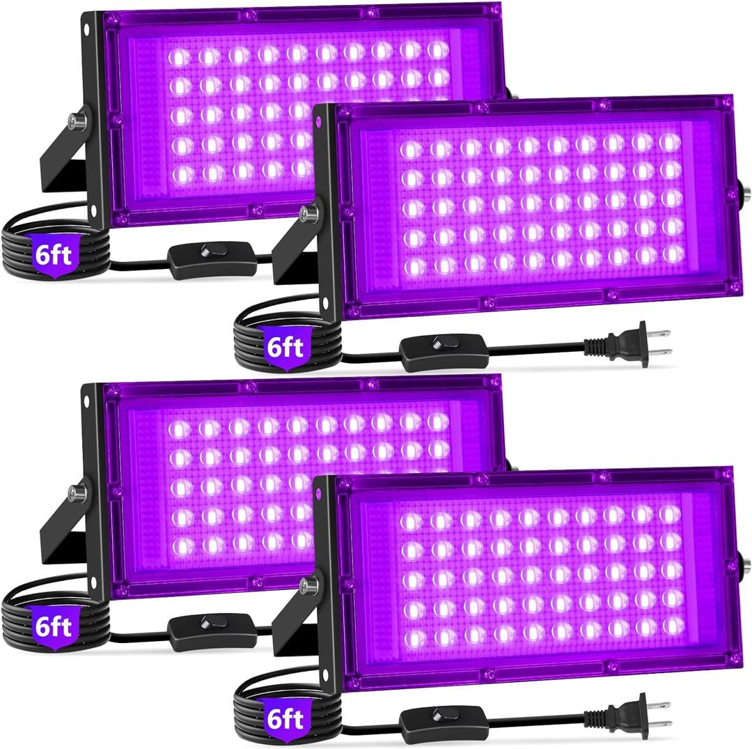 50W Black Lights with Switch+Plug, IP66 Waterproof, LED Blacklight Flood Light for Glow Party, Halloween, Bedroom, Fluorescent Poster, Body Paint, 4 Pack