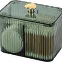 Tbestmax Qtip Holder Dispenser 3-Section Clear Cotton Swab/Pad/Ball Holder Container 3 Grids Bathroom Organizer Jar Cosmetics Storage for Vanity(Green)