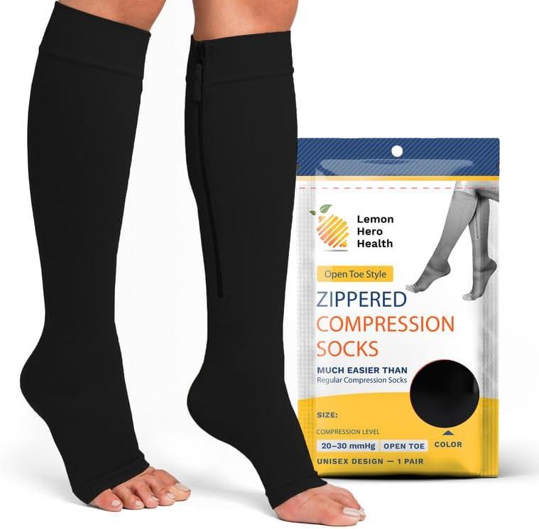 Compression Socks Men 20-30 mmHg - Open Toe Zippered Compression Stockings for Women, Improves Blood Circulation, Prevents Leg Swelling, Shin Splints, and Edema - 2XL, Black [1 Pair]