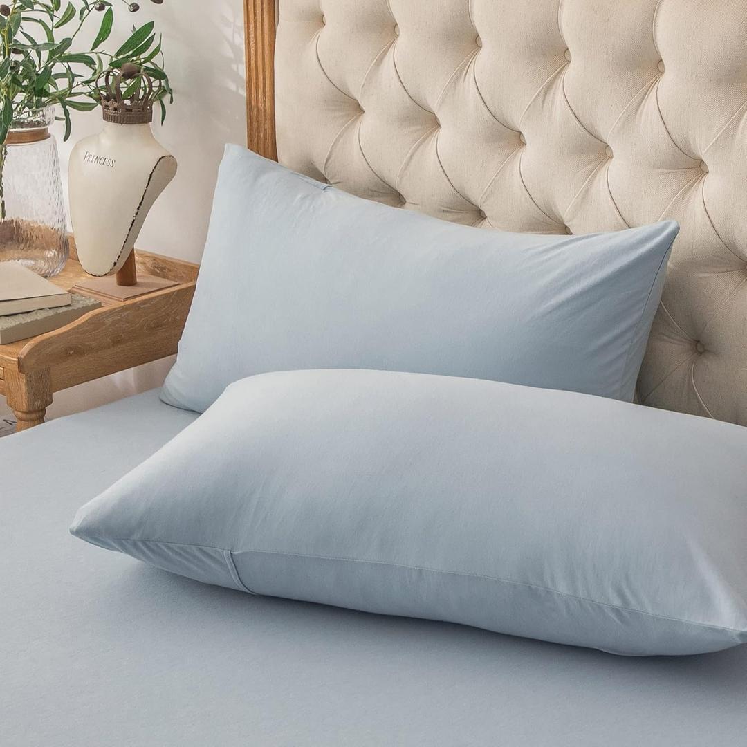 PURE ERA Jersey Knit Pillowcases 100% T-Shirt Cotton Super Soft Comfy Breathable, Set of 2, Queen 20" x 30", Solid Light Blue