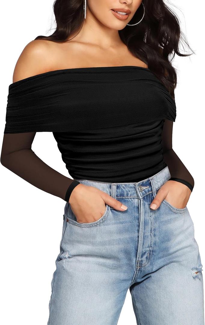 SAUNGKUAI Women's Off The Shoulder Long Sleeve Bodysuit Sexy Slimming Body Suit Tops Sheer Mesh Ruched Outfits (X-Large, Black)