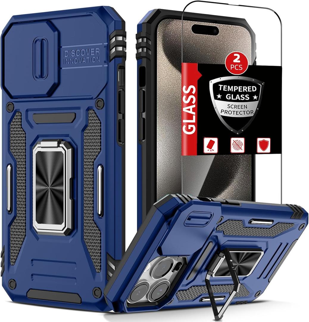 For iPhone 15 Pro Case with 2 Screen Protector,Built-in Slide Camera Cover,for 15Pro Phone Case with Kickstand Ring Shockproof Anti-Scratch Military-Grade Drop Heavy Duty Protection, Dark Blue