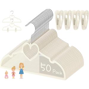 Beige Heart Velvet Baby Hangers - 50pack 13inch Toddler Hangers with 20pcs Clips,Ultra Slim and Stackable Space Saving