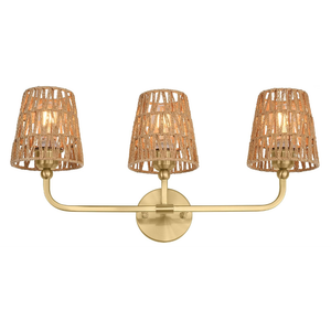 3-Light Brushed Gold Bathroom Vanity Light, Handwoven Rattan Shades | Ideal for 28-38" mirrors, 24.5" bathroom light fixtures over mirror, upward only, E26 base, bulbs not included, VL837-BG-RA-3