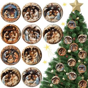 BBTO 16 Pcs Nativity Scene Ornaments Religious Christmas Wooden Hanging 3D Ornament The Birth of Jesus Christian Christmas Decorations for Tree Xmas (Nativity)