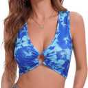 Zoooyawn Hibiscus Halter Crop Top Women Summer Deep V Neck Y2k (Blue, M)