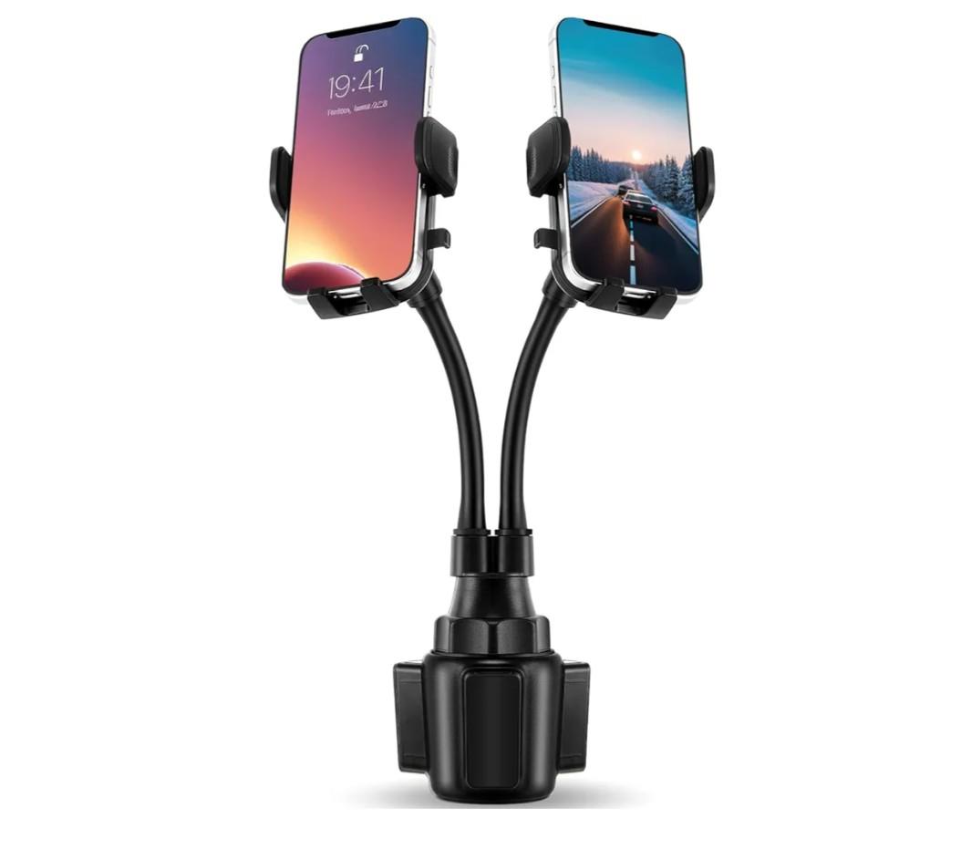 Dual Phone Holder for Car 360° Rotatable Car Mount Long Flexible Neck Adjustable Double Holder Universal Size Fits for Most 2 Phones 2.6"-4.3" Phone (Cradle)