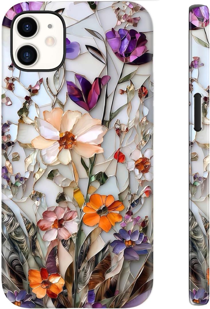 LUHOURI for iPhone 12 Mini Case,Wireless Charging Compatible,Dual-Layer - Soft Silicone Inner + Hard Outer Shell,Cute Wildflower Design,Protective Phone Cover for Women - Marble Pressed Flowers
