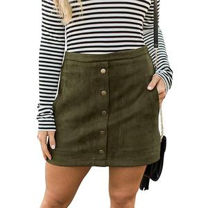 Meyeeka Women's Button Front Faux Suede High Waist A-line Mini Skirt with Pocket L Army Green