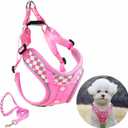 Denim French Bulldog Harness with Leash Set, with Breathable Padded Puppy Harness for Small Dogs Training and Walking (S Pink)