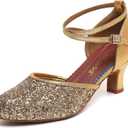 Character Shoes for Women, Woman Ballroom Dance Shoes, 1920s Flapper Shoes, Latin, Salsa, Party Dress Shoes Low Heels, Ankle Strap Pumps (7.5, Golden)