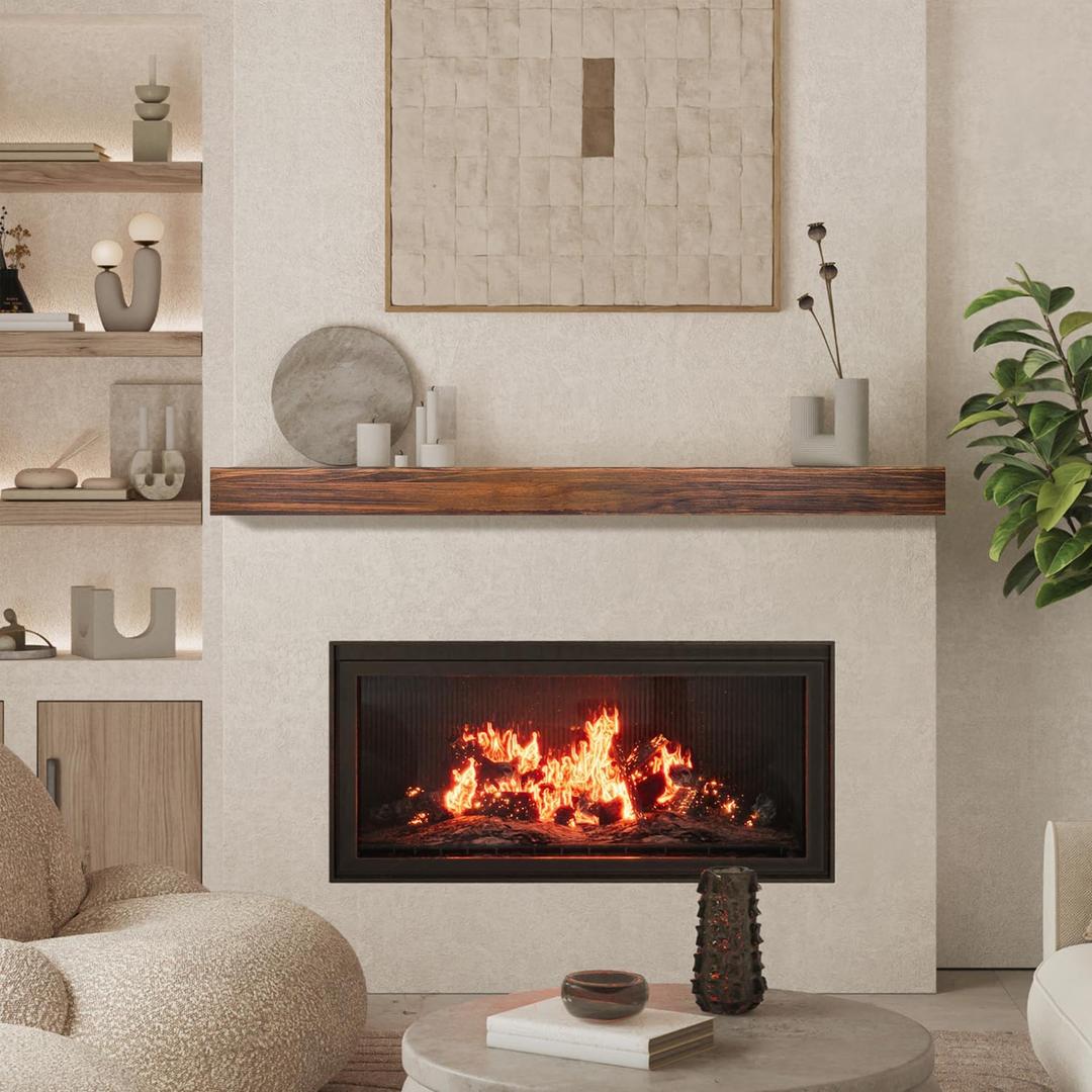 AZSKY Fireplace Mantel Shelf Deep Walnut 48 Inches Hollow Wood Shelves with Invisible Real Wood Bracket Wall Shelves for Over Fireplace Rustic Floating Shelves for Living Room Set of 1