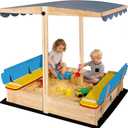 Wooden Sandbox with Cover Lid Adjustable Canopy Foldable Bench Seat Bottom Liner Large Sand Pit Aged 3-12 Outdoor 48x48 Inch Sand Box for Patio Garden Backyard Multicoloured