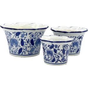 Galt International Blue & White Floral Porcelain Ceramic Decorative Flower Pot 8"/6"/4.5" Garden Pots Chinese Asian Design - Set of 3 Cylinder Fluted Edge