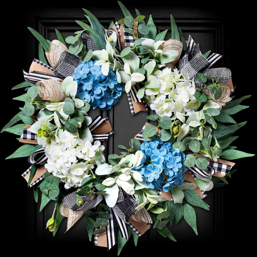 Hydrangea Wreath for Front Door Year Round, 20-22" Spring Summer Wreath with Buffalo Check Burlap Bow Eucalyptus, Handmade Decor Used for Door Porch Wall Farmhouse Holiday