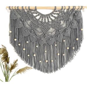 Youngeast Large Macrame Wall Hanging Boho Beaded Curtain for Window Macrame Bedroom Headboard Living Room Wall Art Tassel Tapestry Bohemian Woven Wall Decor 31" W X 25" H (Grey)