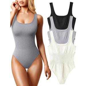 OQQ Women's 3 Piece Bodysuits Sexy Ribbed Sleeveless Square Neck Tank Tops Leotard 2025 Trendy Outfits, Large