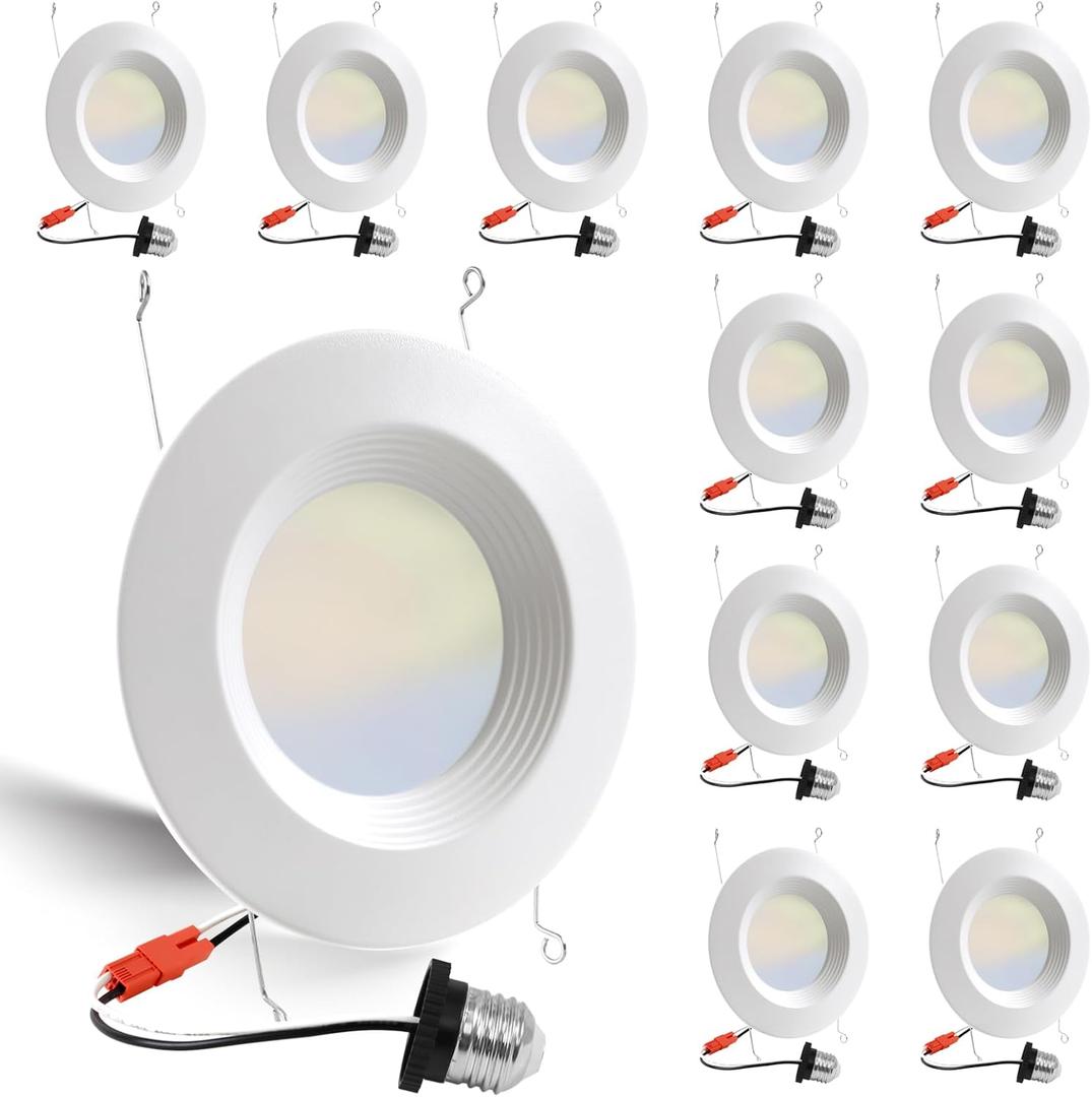 Energetic 12 Pack 5/6 Inch 5CCT LED Recessed Light Retrofit, 2700K/3000K/4000K/5000K/6500K Selectable, Dimmable Can Lights with Baffle Trim, 12W=150W, 1000LM, IC & Wet Rated, ETL & FCC Certified