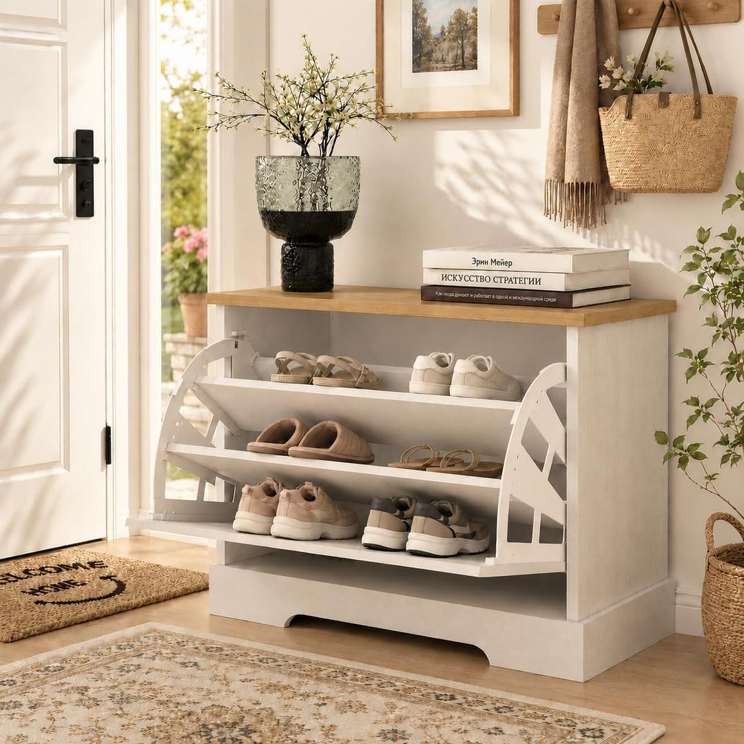 RASOO Shoe Cabinet Flip Drawer, 3-Tier Shoe Organizer Storage Cabinet with 2 Adjustable Shelves, Space-Saving Hidden Shoe Rack Bench for Entryway Hallway