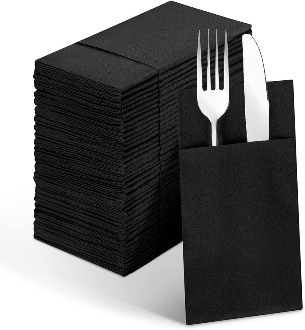 Linen-Feel Black Paper Napkins, Cloth Like Dinner Napkins with Built-in Flatware Pocket, Pre-Folded Absorbent Disposable Guest Paper Hand Towels for Bathroom, Weddings Party(50 Pack)