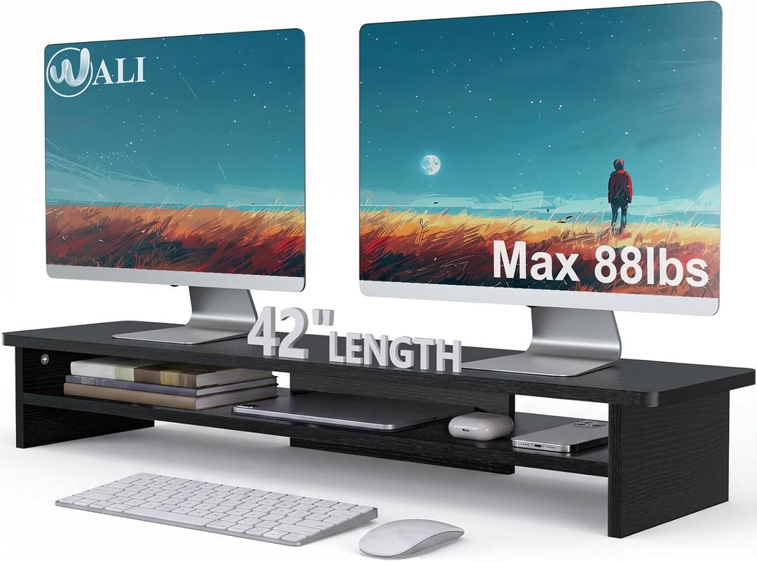 WALI 42 inch Large Wood Dual Monitor Stand Riser with Storage, up to 88lbs