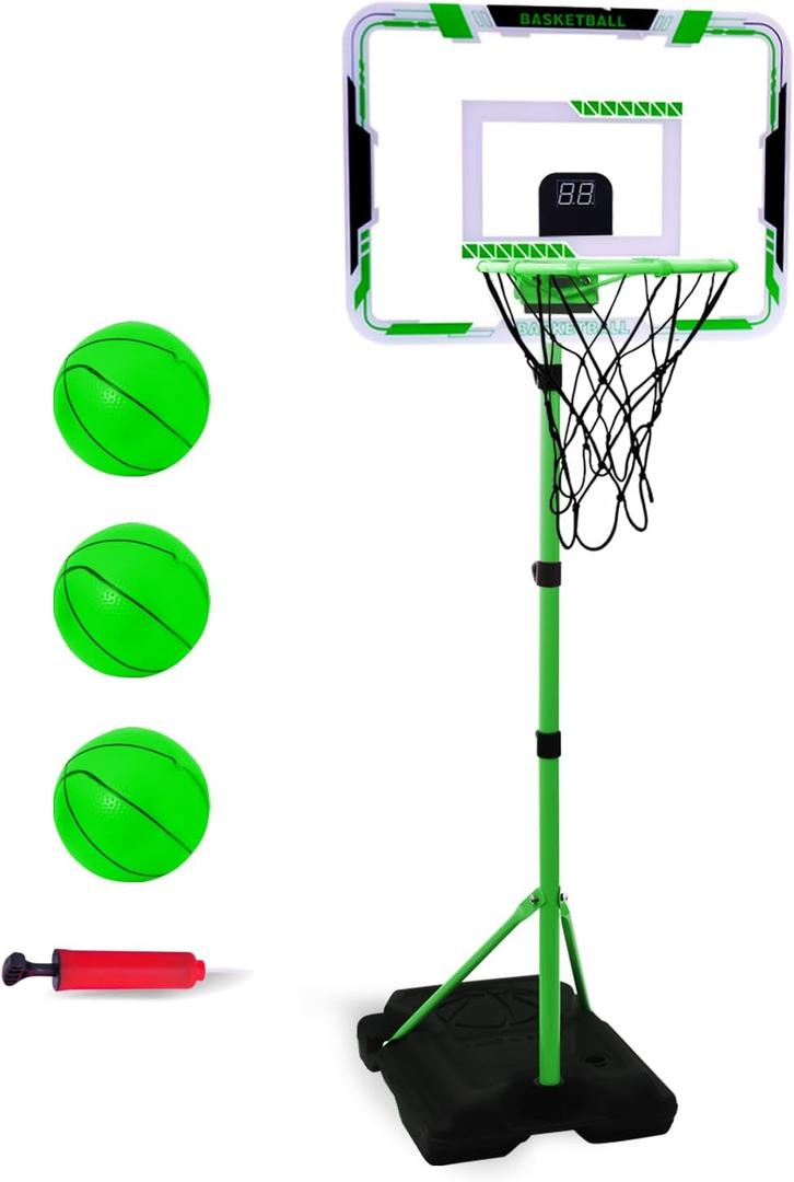Nattork Kids Basketball Hoop, Adjustable Height Toddler Basketball Hoop Stand, Indoor Outdoor Basketball Goal Toy for Boys Girls Ages 3~8 Years Old, Includes 3 Balls, Ideal for Birthday Gift (Green)