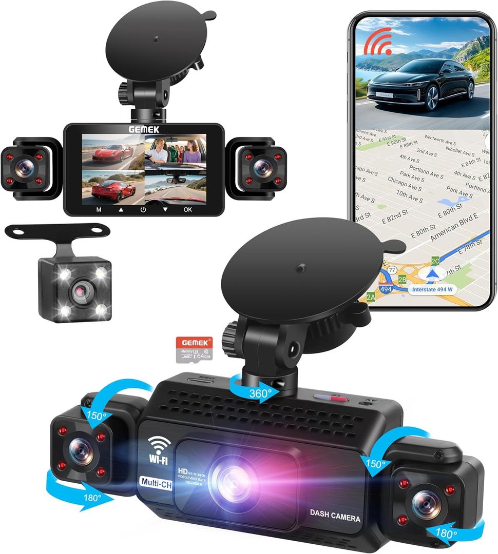 4 Channel Dash Cam 360 View 5G WiFi & APP Control, GEMEK 2K Front and Rear Inside, Left Right Dash Camera for Cars Free 64GB TF Card, G-Sensor, Night Vision, 24H Parking Mode