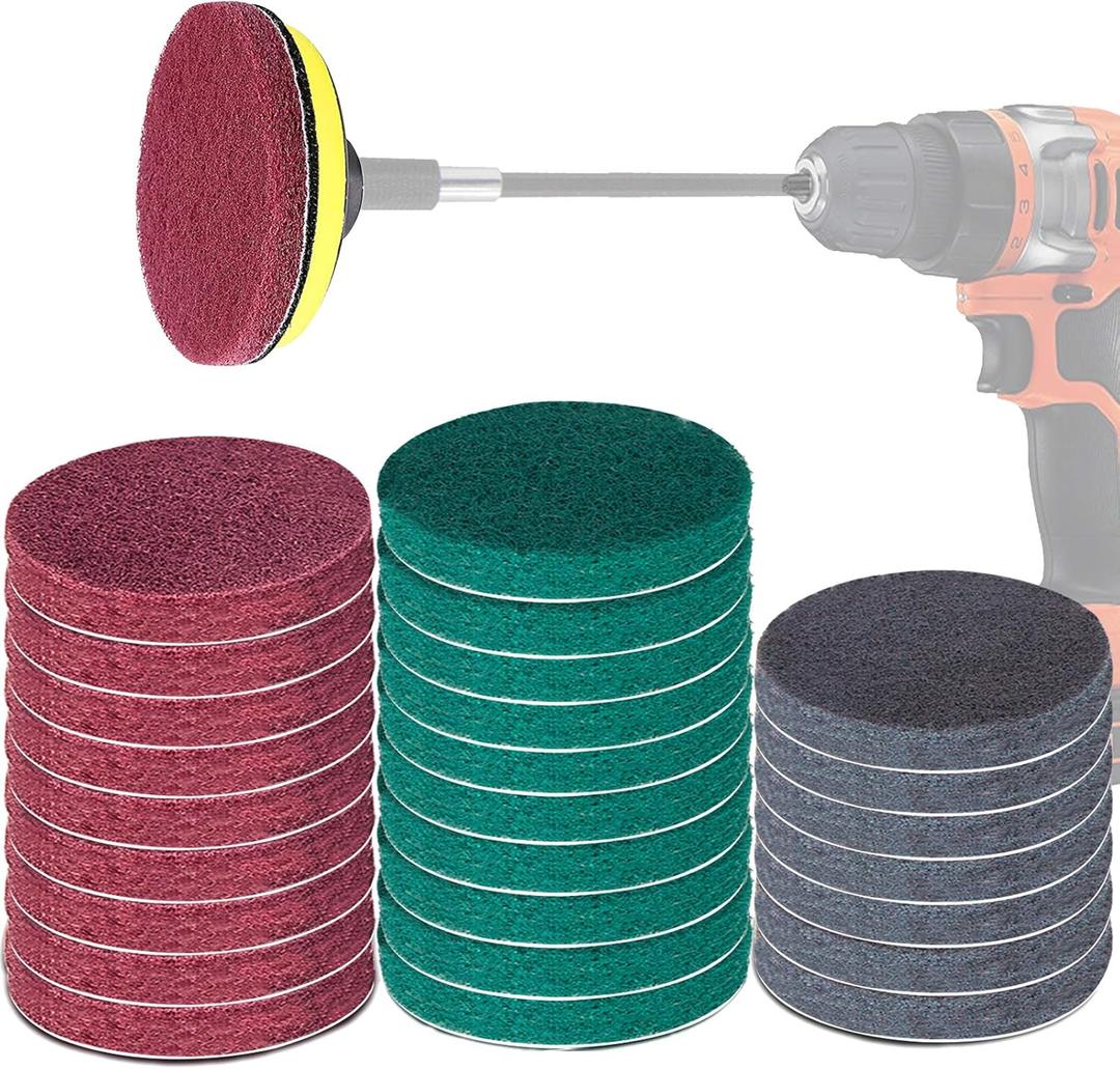 Power Scrub Pads Drill Attachment, GOH DODD 30 Pieces 5 Inch Headlight Restoration Kit Cleaning Kit Scouring Pads with Baker and Universal Shaft for Kitchen, Bathroom, Grout, Carpet, Tub, Grill,Tile (5 Inch 30 Pieces)