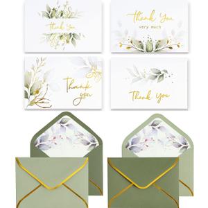 Winoo Design 100 PK Luxurious Gold Thank You Cards with Envelopes Bulk Sage Green - 5x3.5 Inches Wedding Thank You Notes Baby Shower Greenery Bridal Shower Small Business
